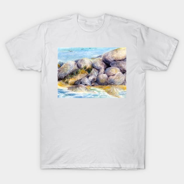 By the Boulders at High Tide Pastel Painting T-Shirt by Heatherian